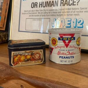 Vintage Food Container Tin [2] Heinz Blackberry Jelly YMCA Toffee Peanuts 1980s